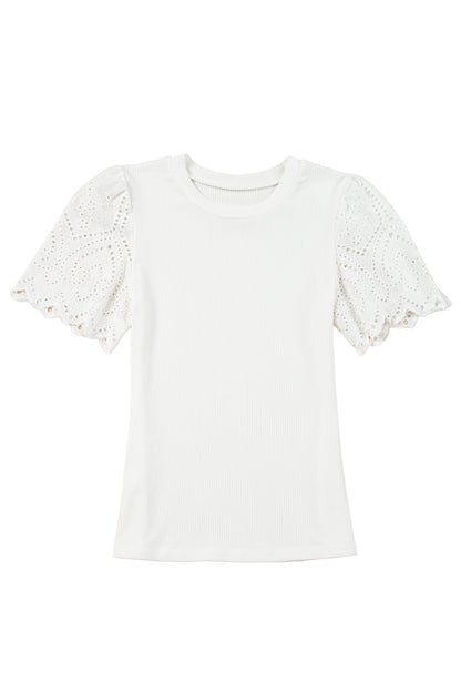 White Eyelet Pattern Short Sleeve Patchwork Ribbed Top