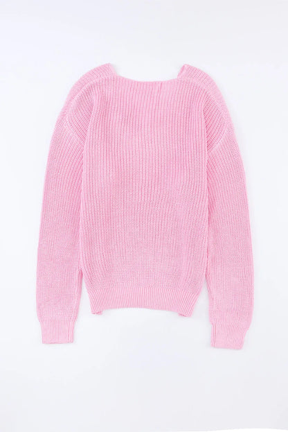 Pink Ribbed Knit V Neck Sweater - Chic Meadow Boutique 