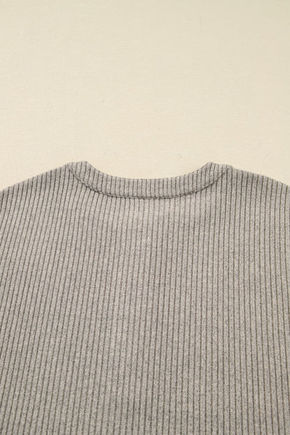 Simply Taupe Plus Size Ribbed Knit Kangaroo Pocket Henley Long Sleeve Top