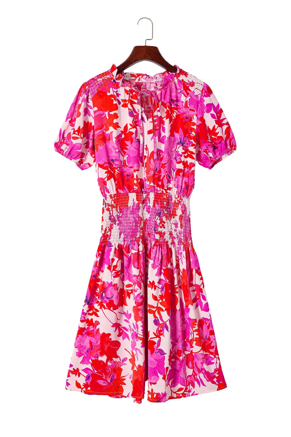 Rose Floral Smocked Waist Bubble Sleeve Flare Dress - Chic Meadow Boutique 