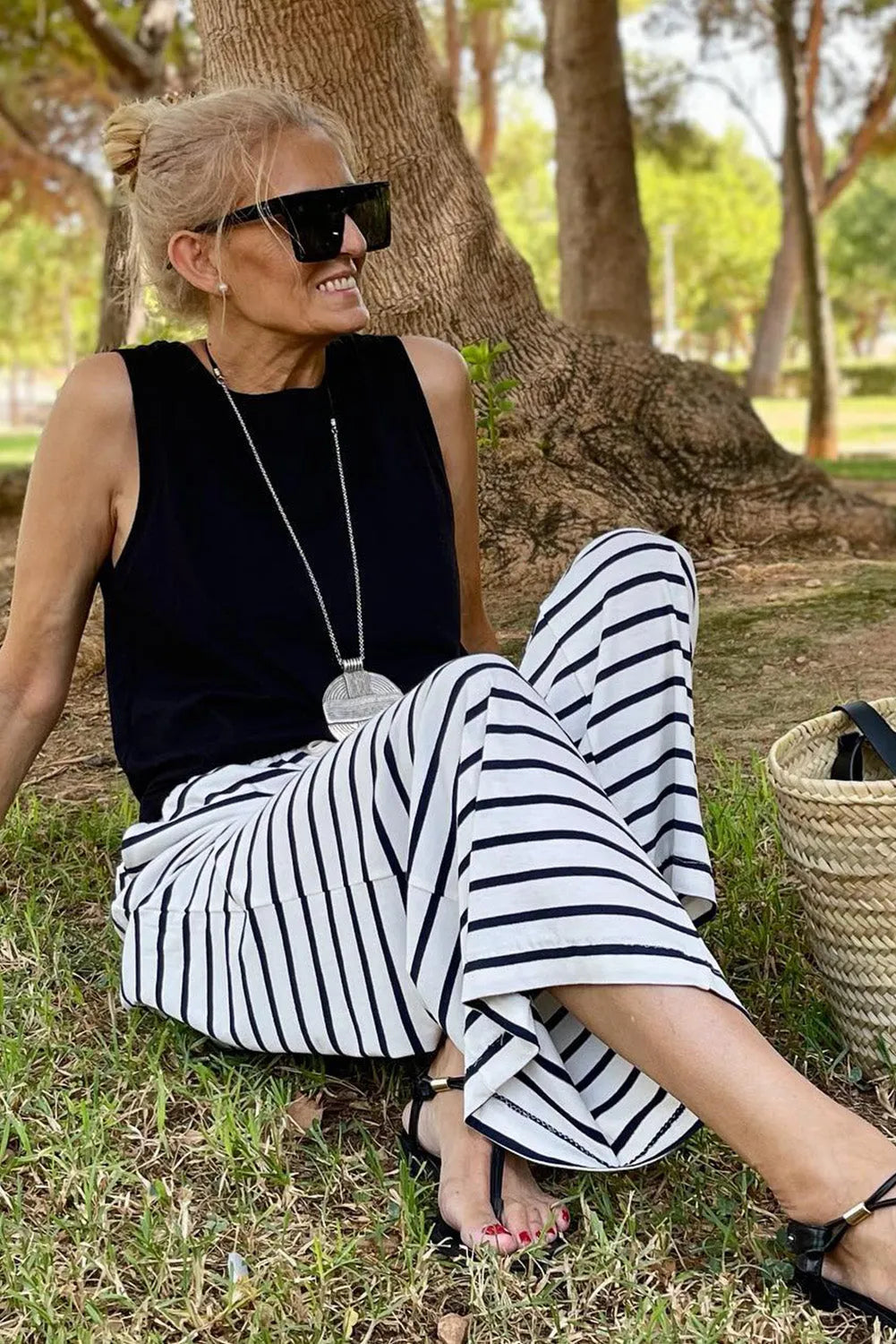 White Drawstring Striped Wide Leg Pants - Chic Meadow Boutique 