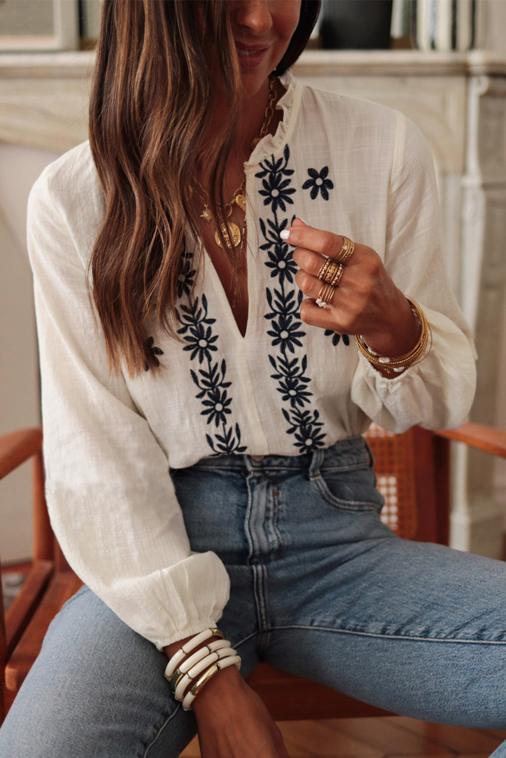 White Floral Embroidered Frilled V Neck Puff Sleeve Blouse