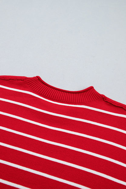 Red Stripe Dropped Shoulder Half Sleeve Relaxed Knit Sweater