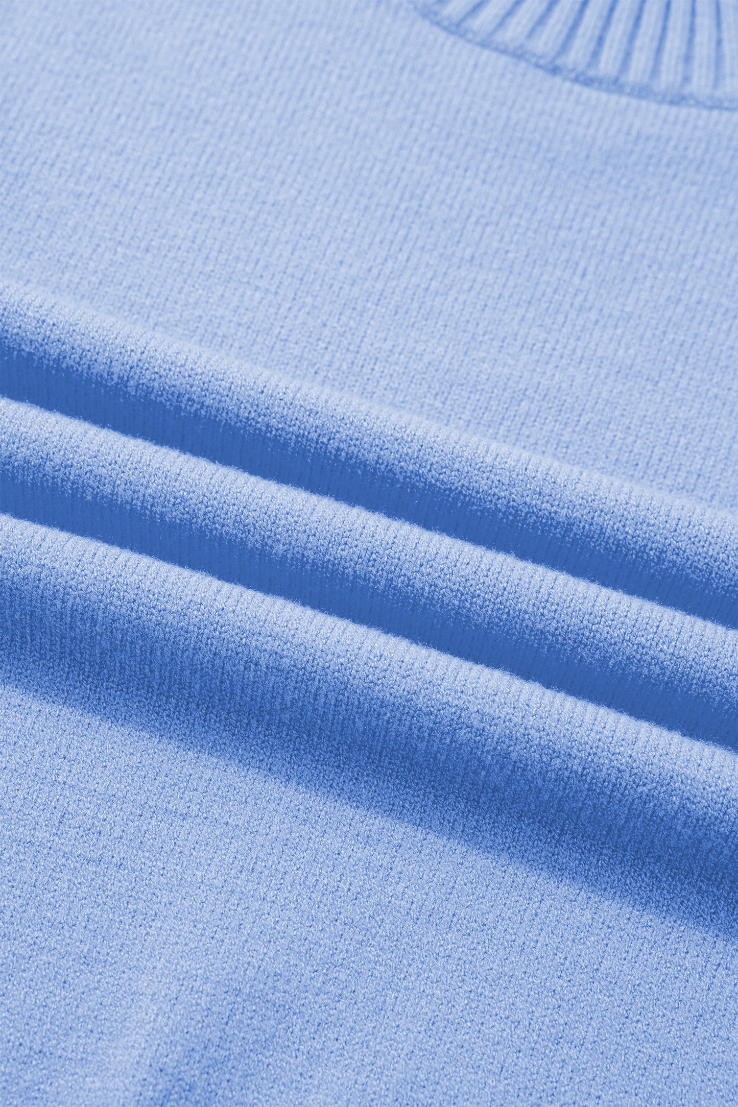 Beau Blue Solid Color Ribbed Trim Round Neck Ruffle Short Sleeve Sweater