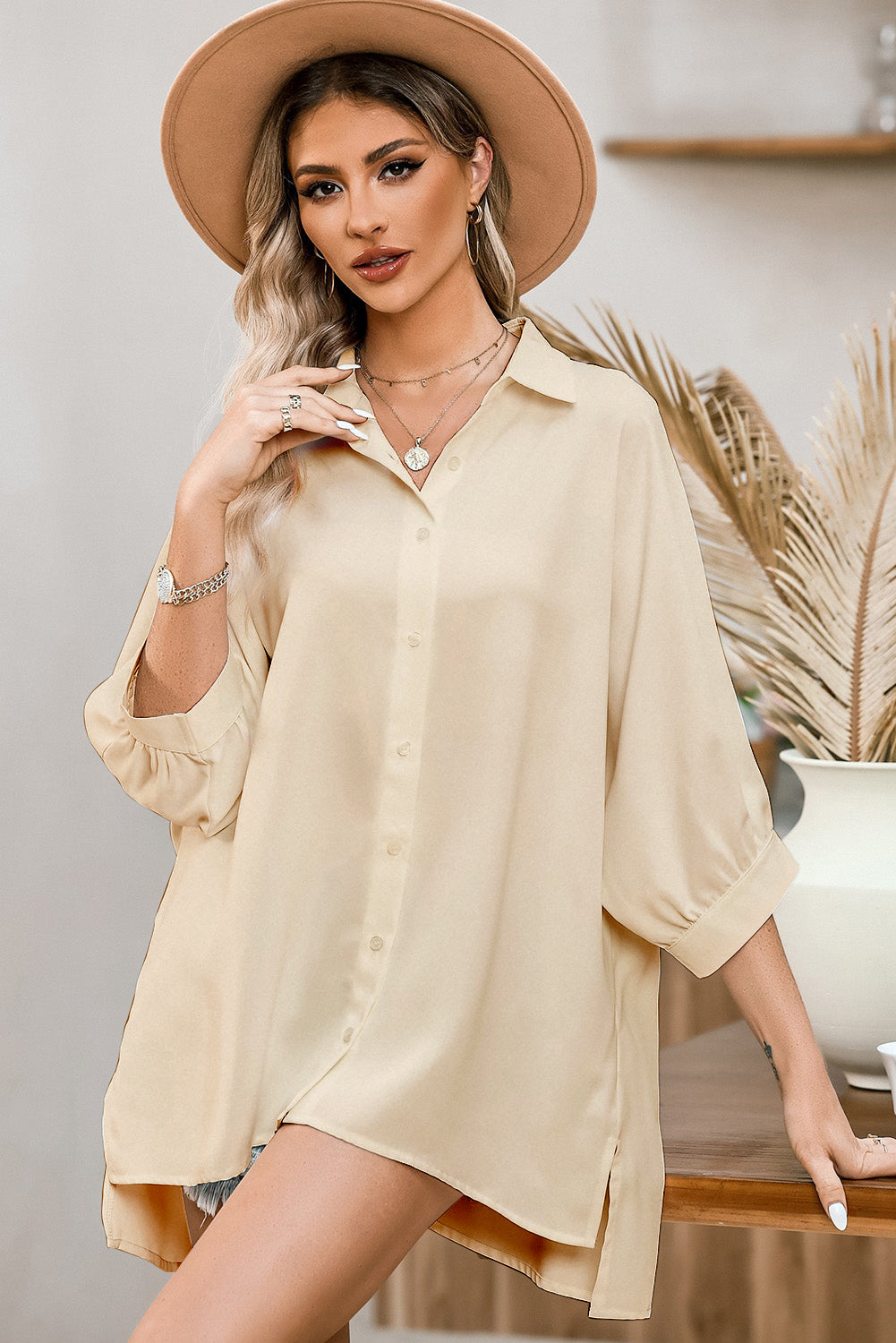 Apricot 3/4 Puff Sleeve Oversize Shirt