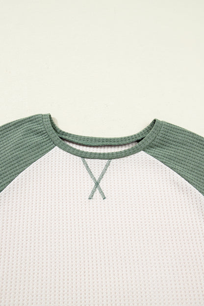 Mist Green Plus Size Waffled Color Block Long Sleeve Top