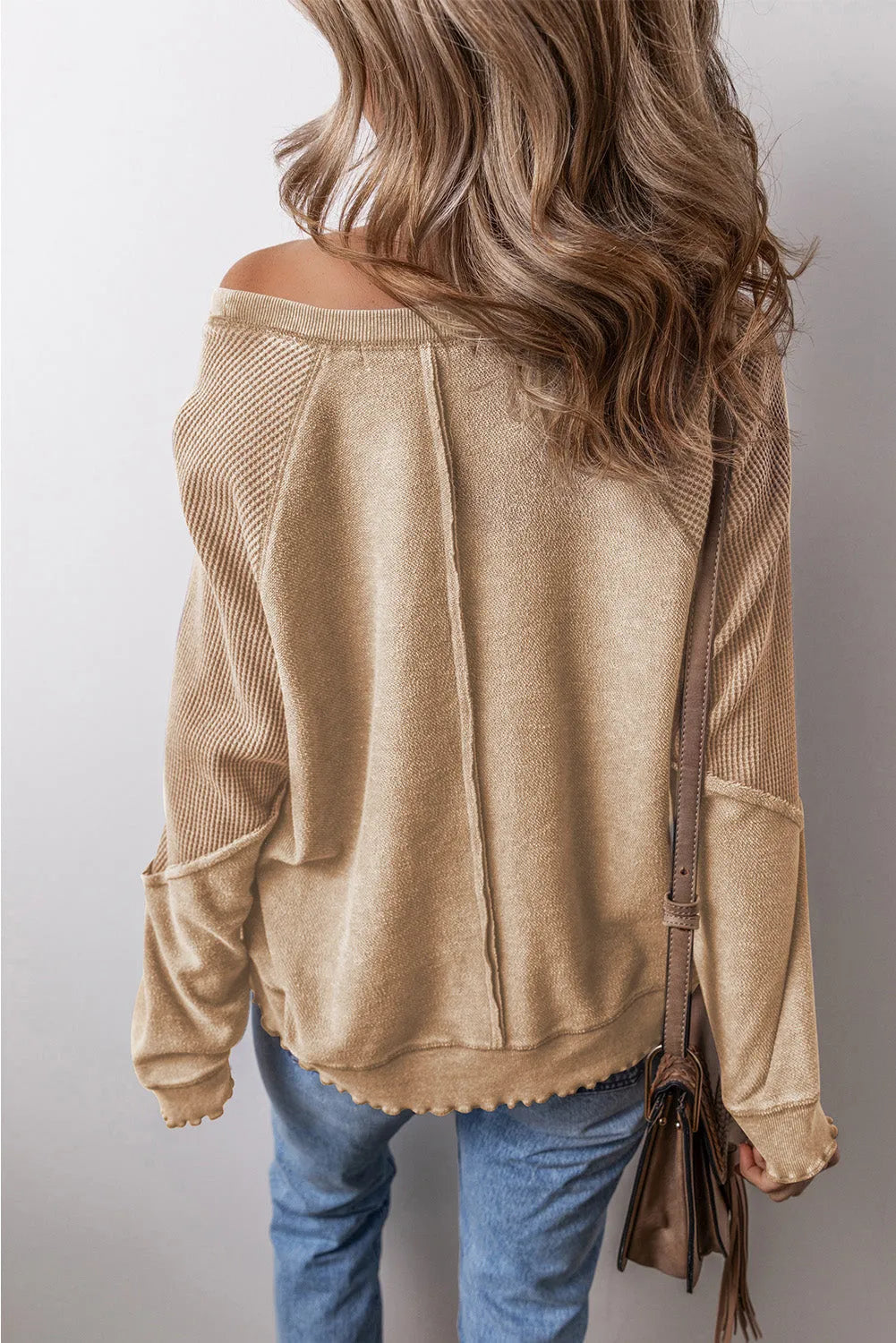 Light French Beige Waffle Knit Patchwork Exposed Seam Raglan Sweatshirt - Chic Meadow Boutique 