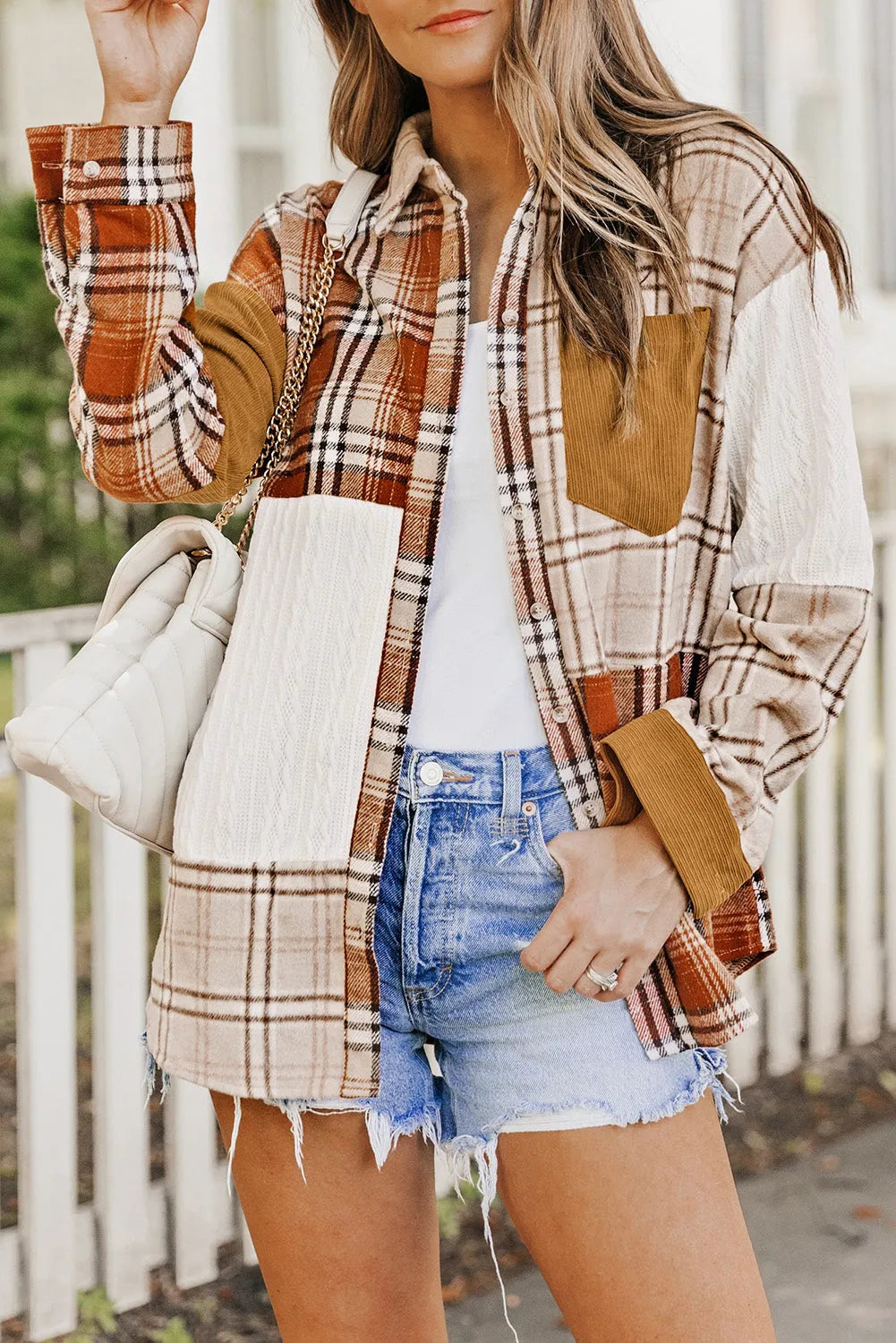 Orange Plaid Color Block Patchwork Shirt Jacket with Pocket - Chic Meadow Boutique 