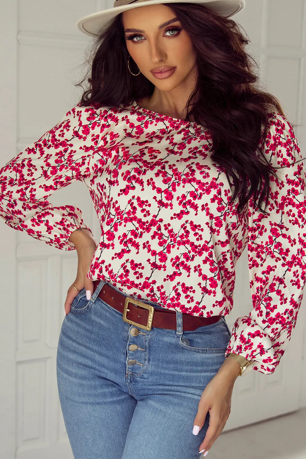 Red Floral Print Long Sleeve Open Back Blouse - Chic Meadow Boutique 