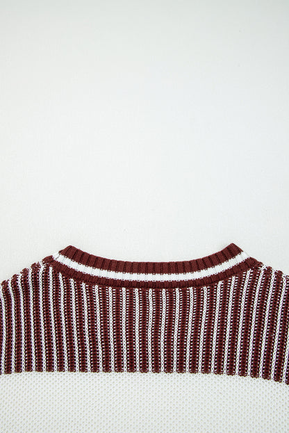 Brown Two Tone Striped Patchwork Drop Shoulder Loose Sweater