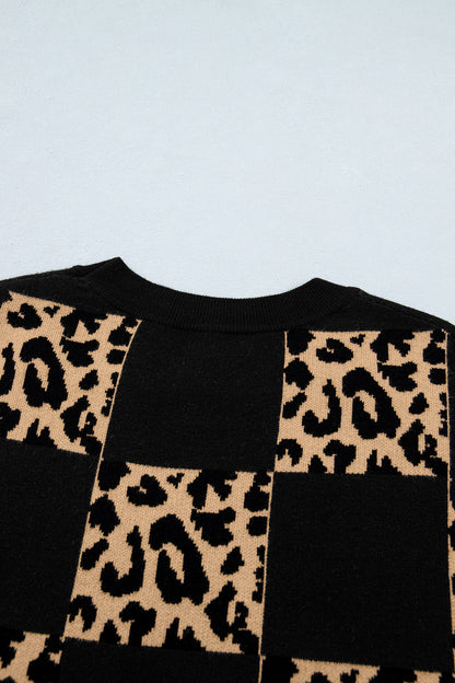 Black Leopard Checkerboard Short Sleeve Knit Sweater