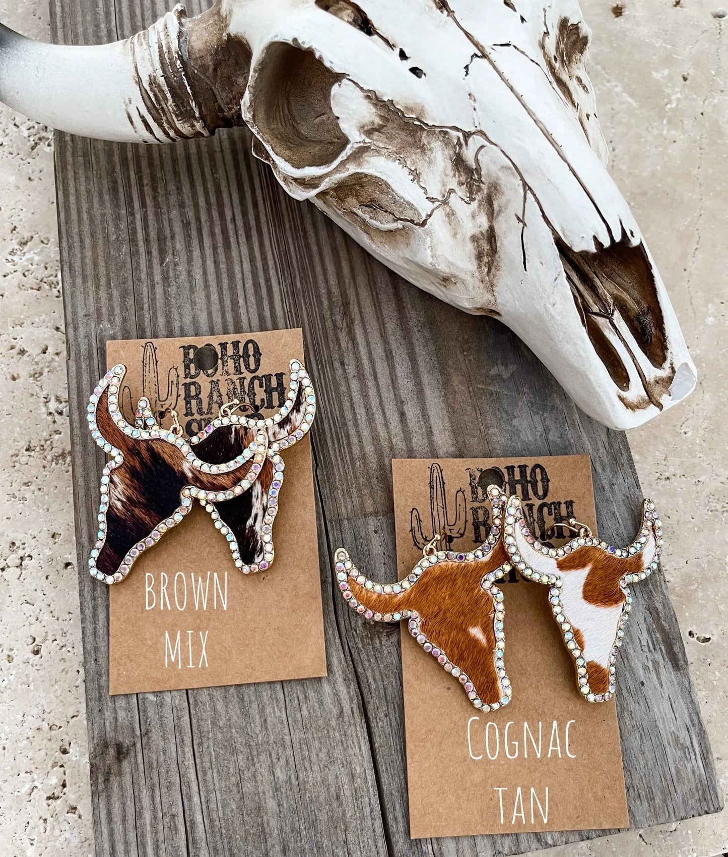 Western Cowhide Bling Steer Longhorn Earrings - Chic Meadow Boutique 