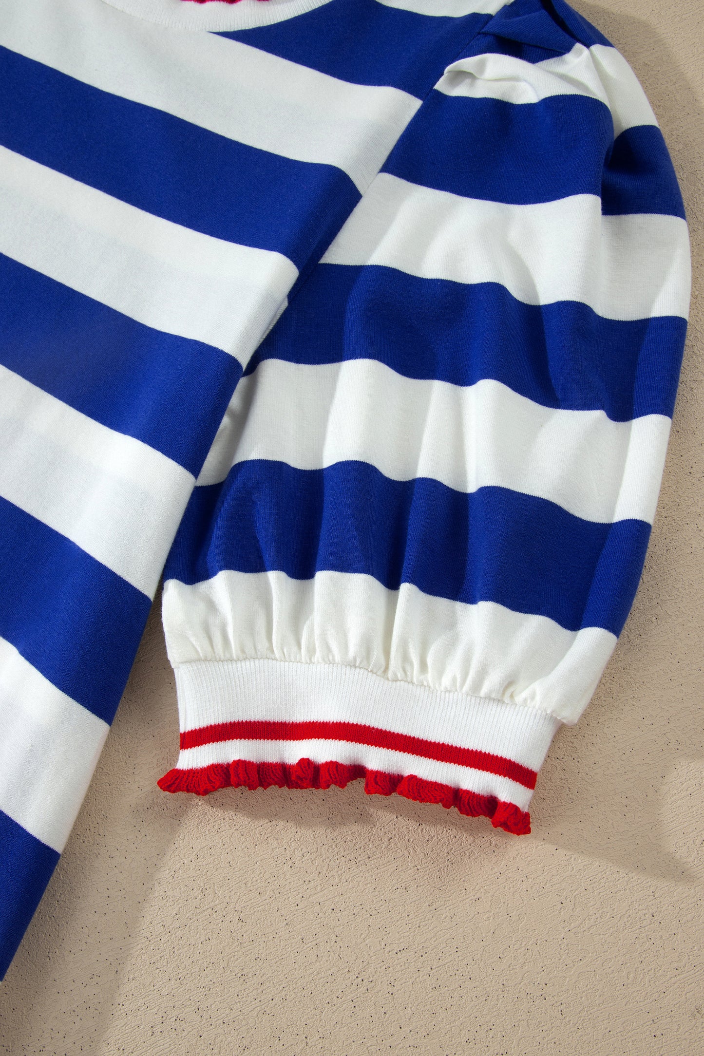 Blue Stripe Contrast Trim Round Neck Short Puff Sleeve Shift Mini Dress