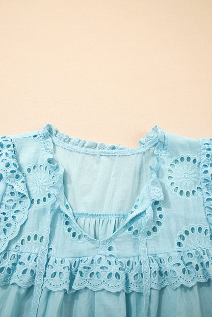 Mist Blue Embroidered Lace Patchwork Tie Neck Puff Short Sleeve Blouse