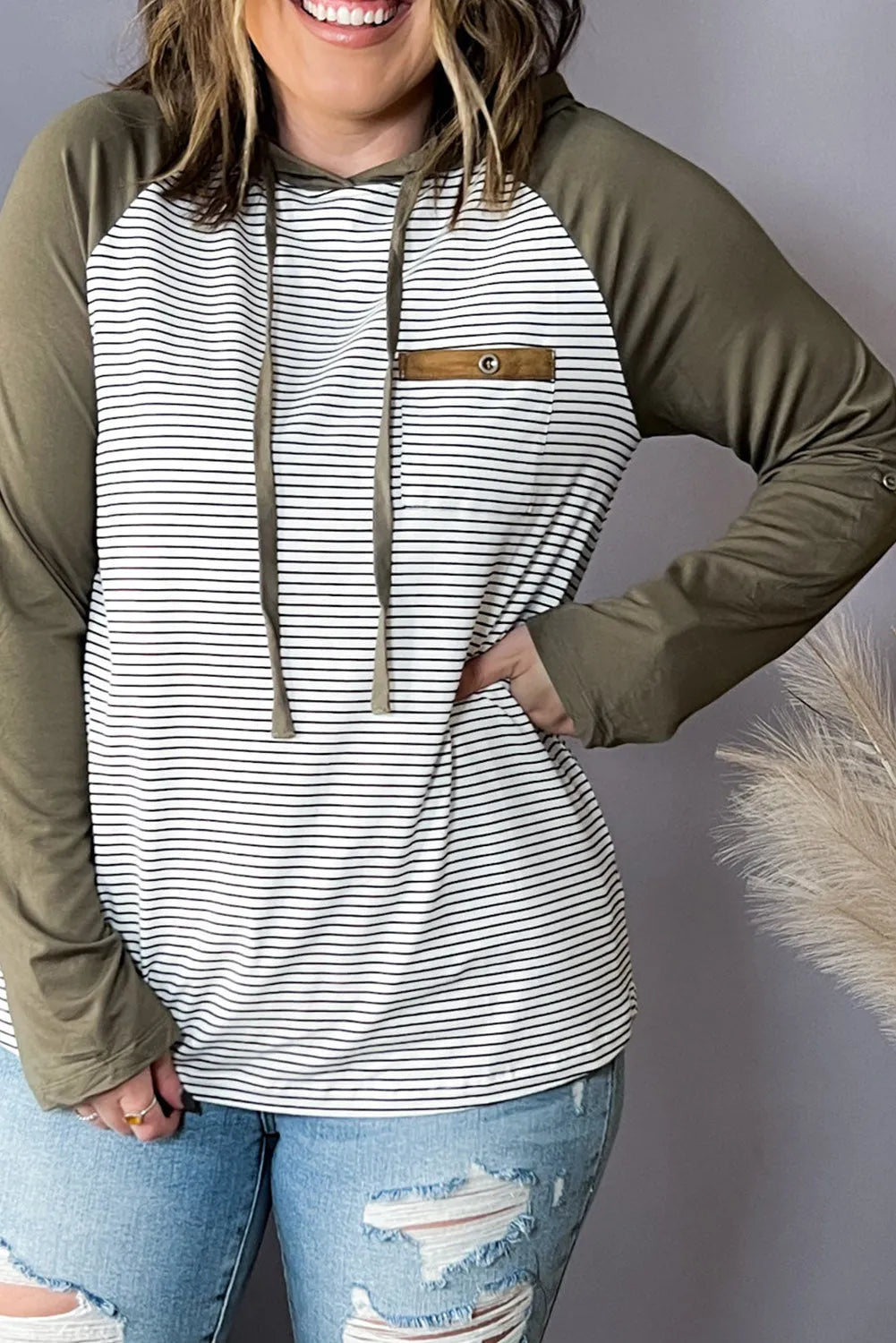 Green Striped Raglan Sleeve Buttoned Pocket Plus Size Hoodie - Chic Meadow Boutique 