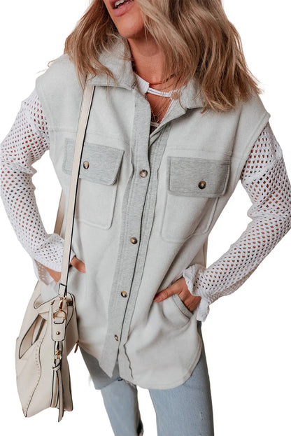 Light Grey Flap Pockets Contrast Buttons Front Jacket Vest - Chic Meadow Boutique 