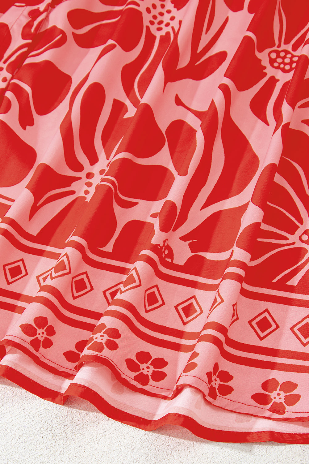 Red Boho Floral Short Sleeve V Neck Buttoned Shirred Waist Long Dress