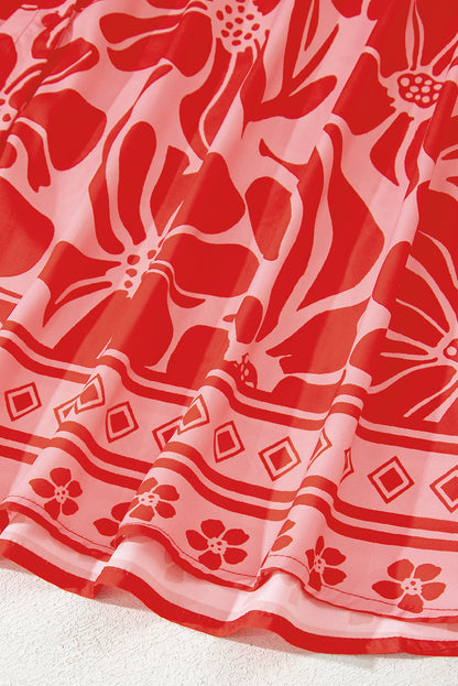 Red Boho Floral Short Sleeve V Neck Buttoned Shirred Waist Long Dress