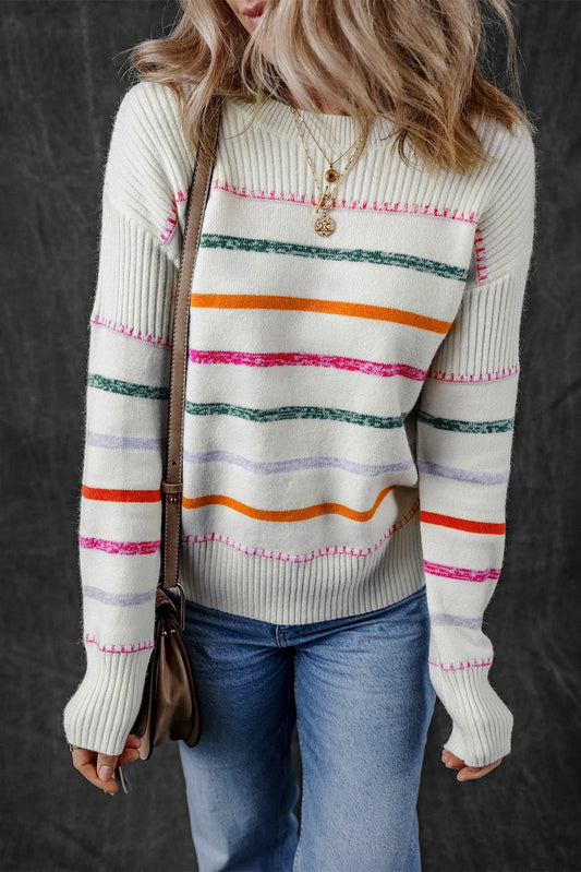 White Colorful Striped Ribbed Trim Sweater - Chic Meadow Boutique 