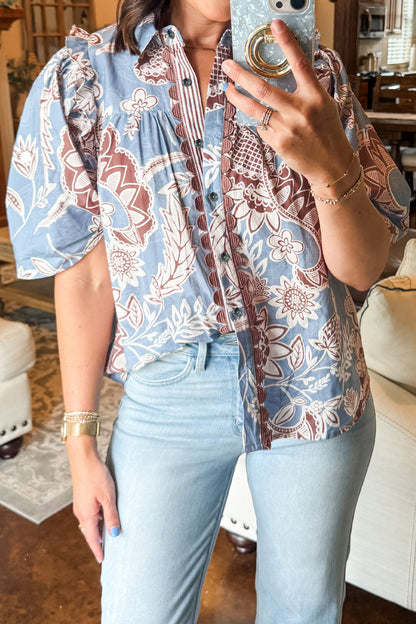 Sky Blue Boho Floral Print Scalloped Trim Button Down Short Sleeve Shirt