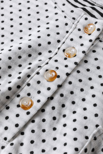 Beige Plus Size Dot Print Striped Patchwork Long Sleeve Henley Top
