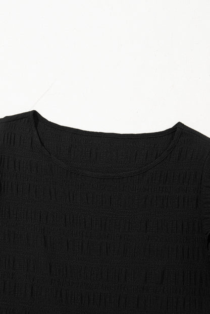 Black Textured Ruffled Sleeve Round Neck Top