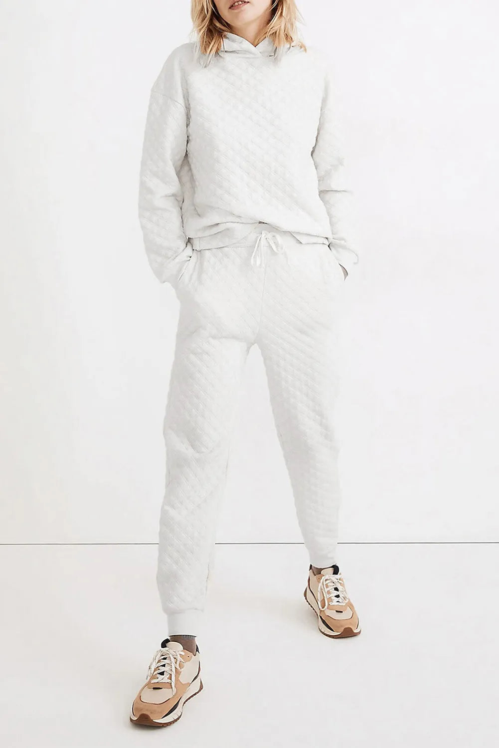 White Quilted Hoodie and Sweatpants Two Piece Set - Chic Meadow Boutique 