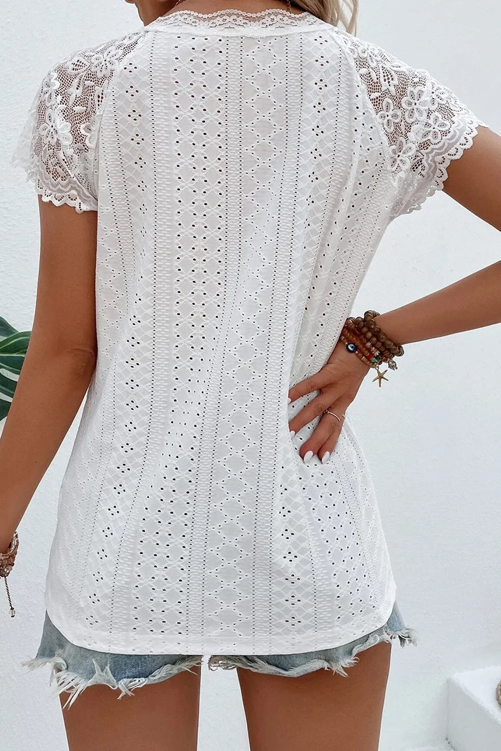 Tops/Tops & Tees White Sheer Lace Short Sleeves Eyelet Embroidered Tee