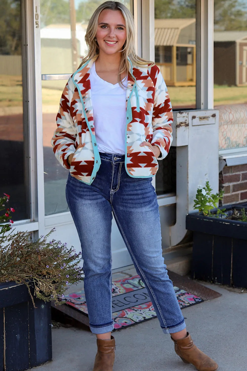 Fiery Red Western Aztec Buttoned Zipper Pockets Fleece Jacket - Chic Meadow Boutique 