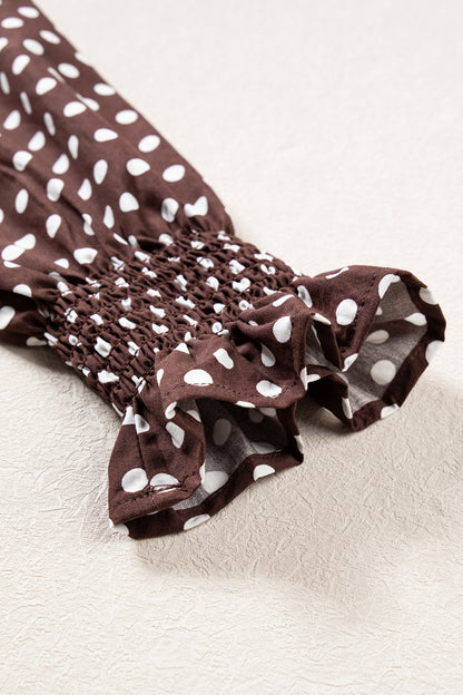 Brown Polka Dot Ruffled High Neck Shirred Ruffle Hem Blouse