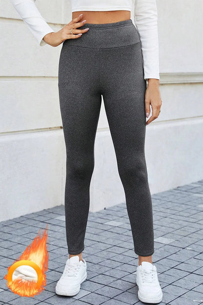 Dark Grey Fleece Lined Thermal Knit Ankle High Waist Leggings - Chic Meadow Boutique 