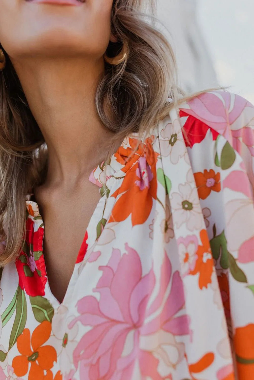 Orange Blooming Flowers Frill Trim Puff Sleeve Blouse - Chic Meadow Boutique 