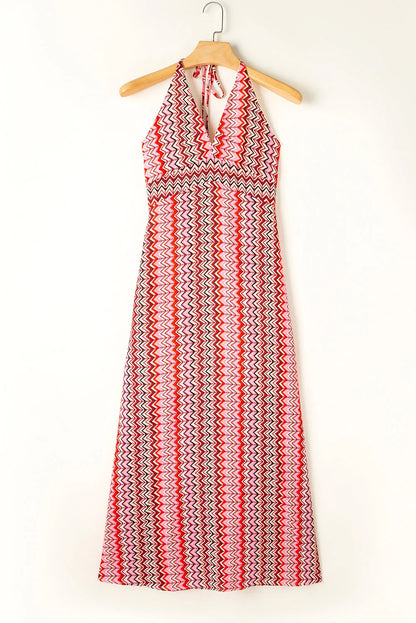 Red Halter Neck Tribal Boho Printed Backless Maxi Dress - Chic Meadow Boutique 