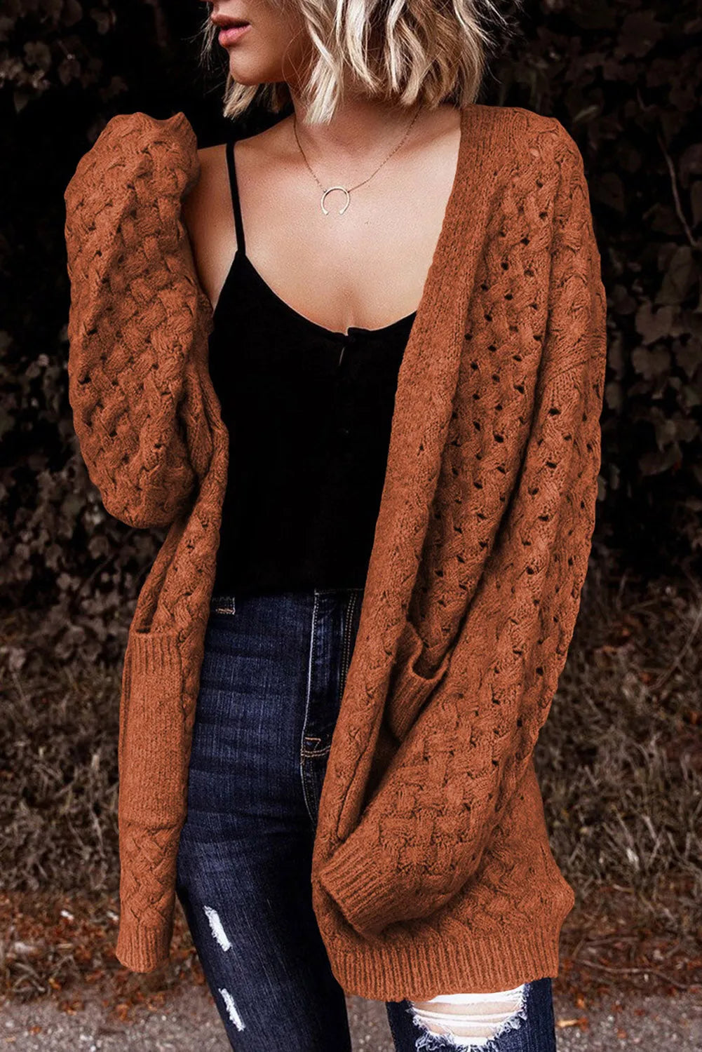 Brown Open Front Woven Texture Knitted Cardigan with Pockets - Chic Meadow Boutique 