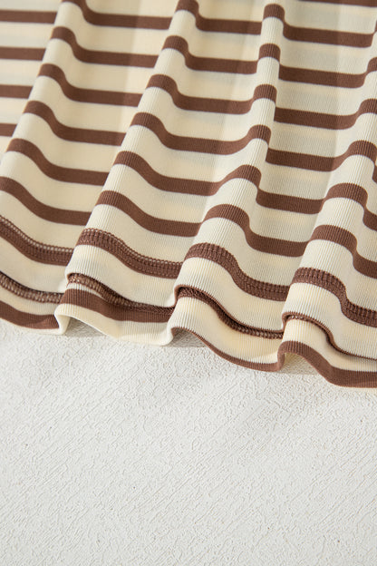 Brown Stripe Half Buttons Top and Shorts Set