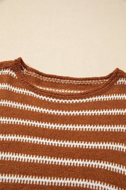 Brown Stripe Drop Shoulder Casual Sweater - Chic Meadow Boutique 