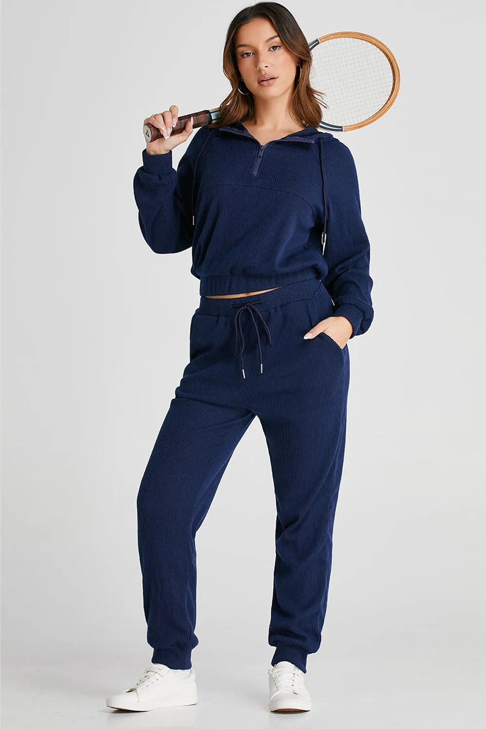 Navy Blue Ribbed Knit Cropped Hoodie and Drawstring Joggers Set - Chic Meadow Boutique 