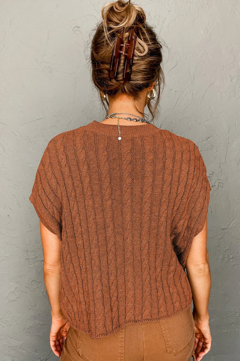 Chestnut Crew Neck Cable Knit Short Sleeve Sweater - Chic Meadow Boutique 