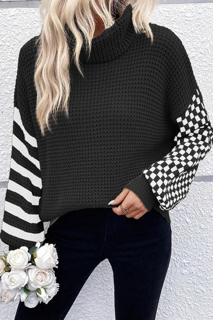 Black Striped Plaid Patchwork Waffle Knit Turtleneck Sweater - Chic Meadow Boutique 