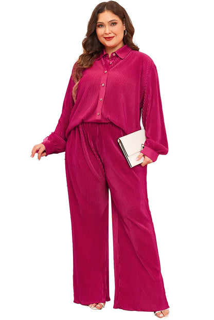 Rose Red Plus Size Ribbed Long Sleeve Shirt and Pants Pajama Set - Chic Meadow Boutique 