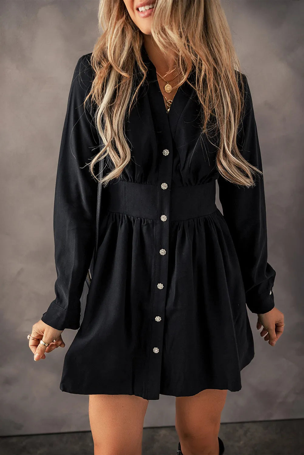 Black Elastic Cinched High Waist Long Sleeve Shirt Mini Dress - Chic Meadow Boutique 