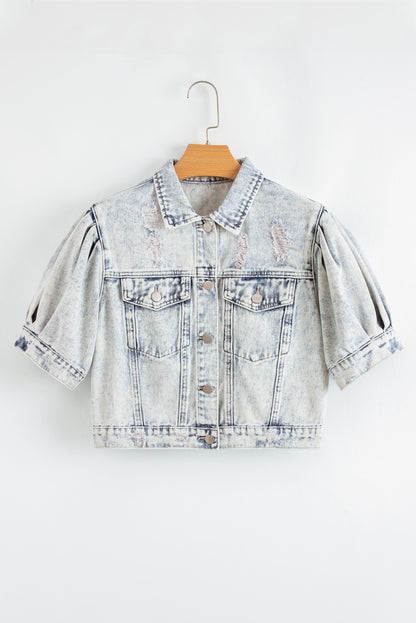 Beau Blue Light Wash Buttoned Chest Pocket Puff Sleeve Denim Jacket