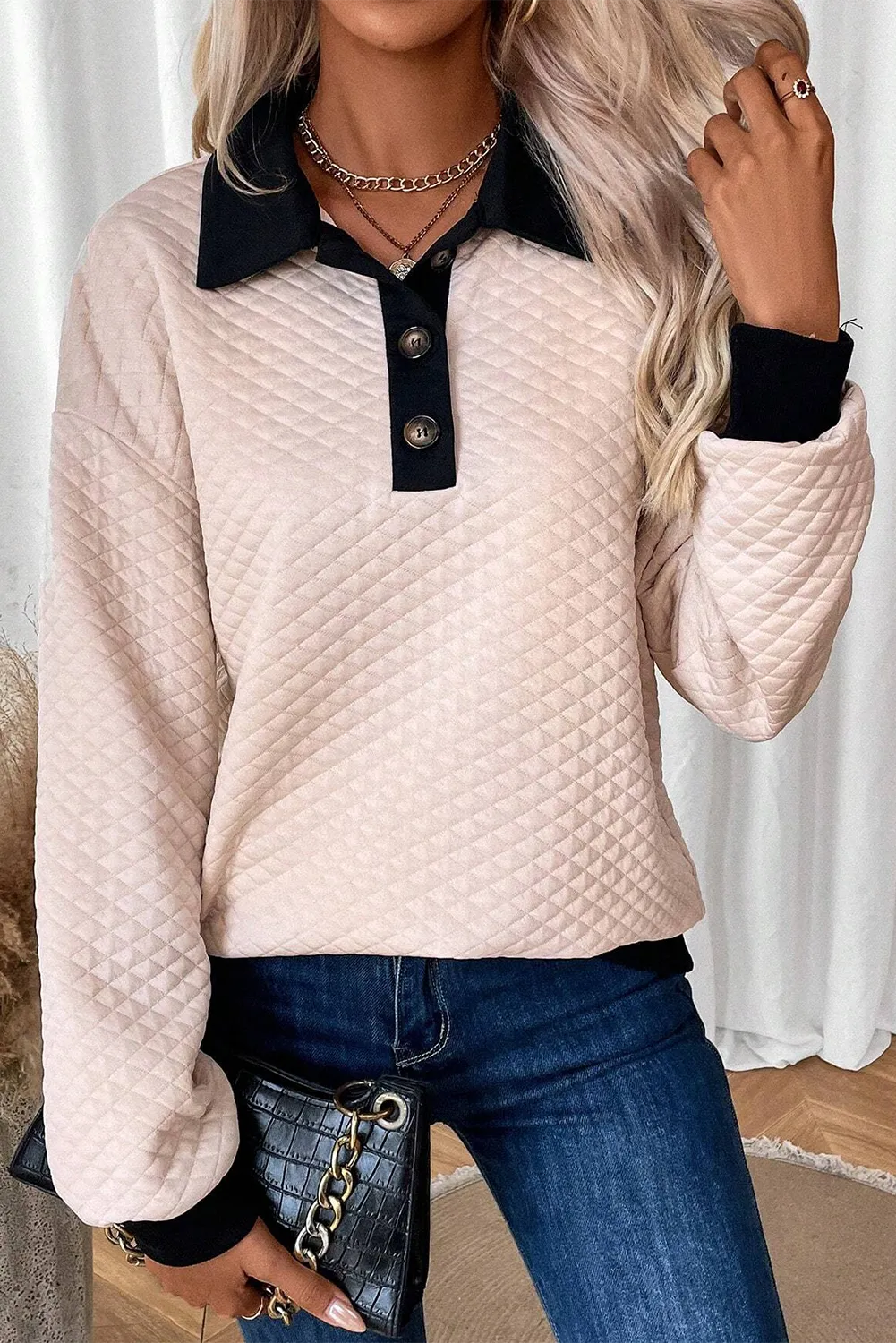 Oatmeal Textured Colorblock Edge Buttoned Collar Sweatshirt - Chic Meadow Boutique 