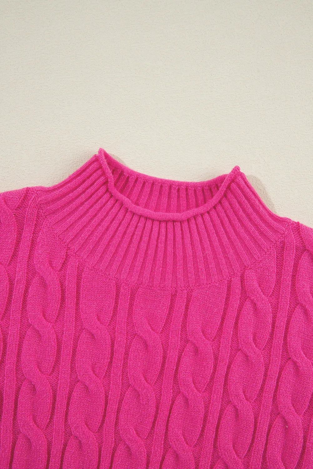 Rose Red Solid Cable Knit High Neck Drop Shoulder Sweater - Chic Meadow Boutique 