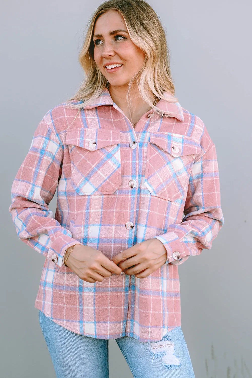 Pink Plaid Flap Pocket Flannel Shacket - Chic Meadow Boutique 