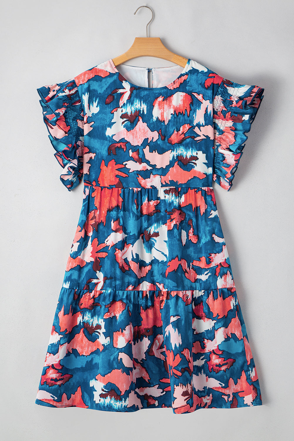 Blue Abstract Print Shirred Ruffled Short Sleeve Tiered Plus Size Mini Dress