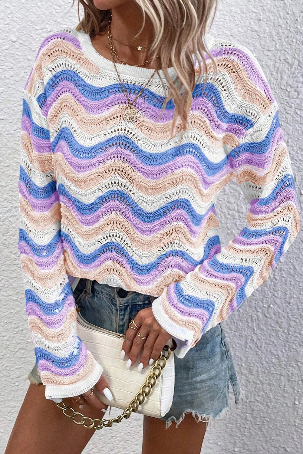 Purple Stripe Wavy Pointelle Knit Drop Shoulder Sweater - Chic Meadow Boutique 