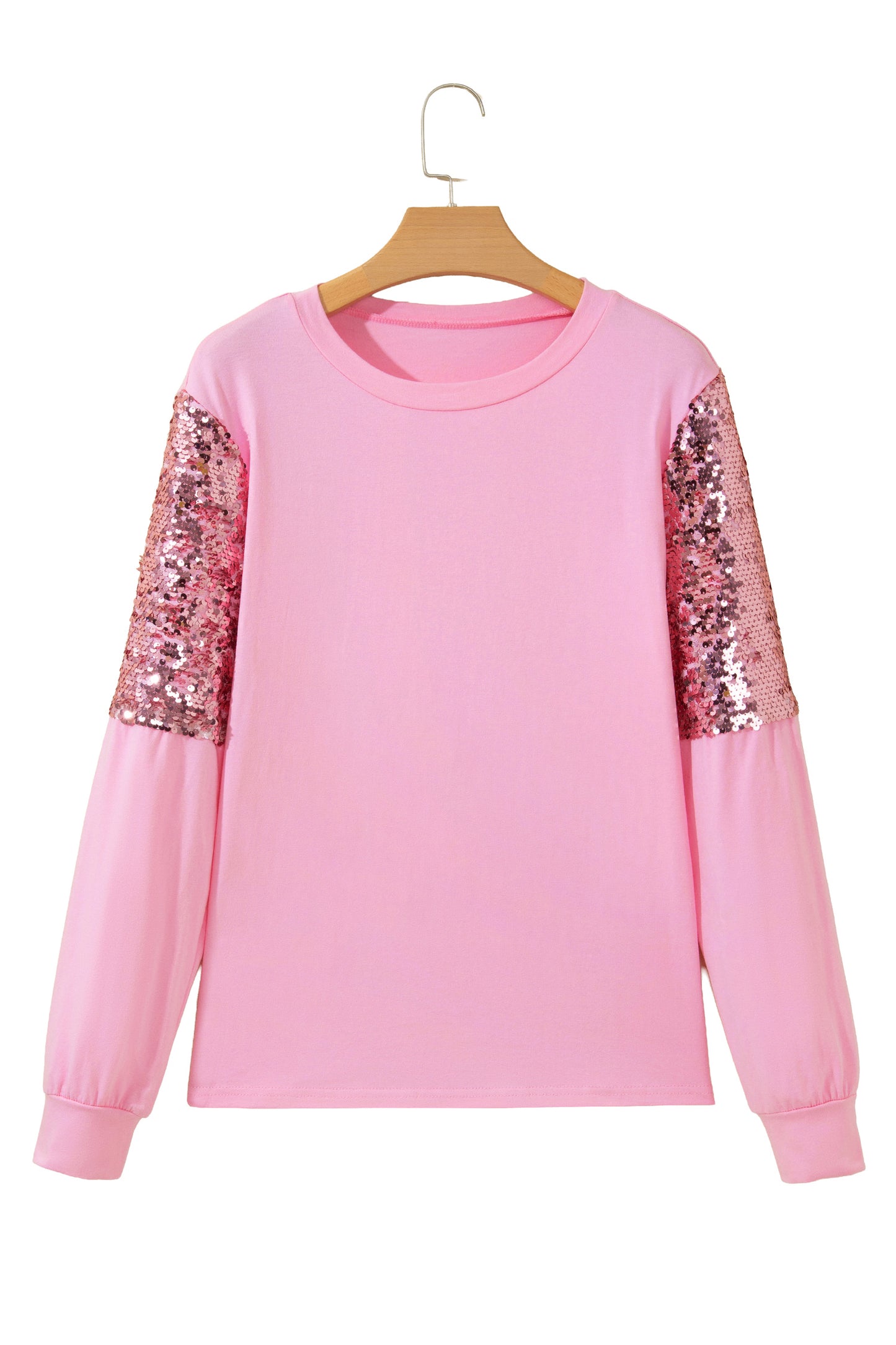 Pink Long Sleeve Sequin Round Neck Pullover Top