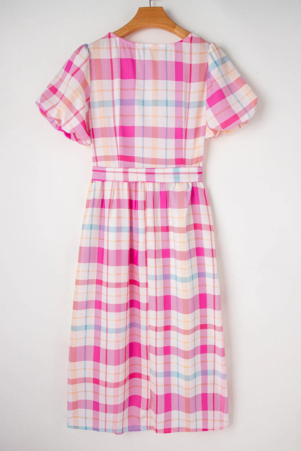 Pink Checkered Puff Sleeve Belted Midi Dress - Chic Meadow Boutique 