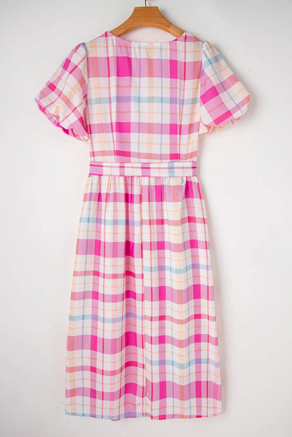 Pink Checkered Puff Sleeve Belted Midi Dress - Chic Meadow Boutique 